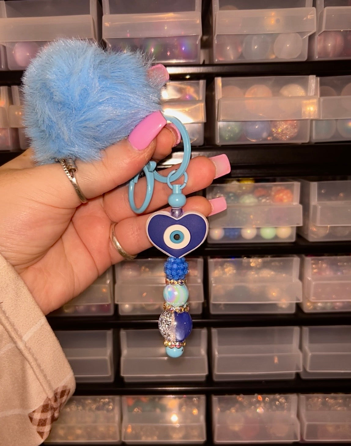 Blue evil eye pom pom keychain | Beaded bag charm