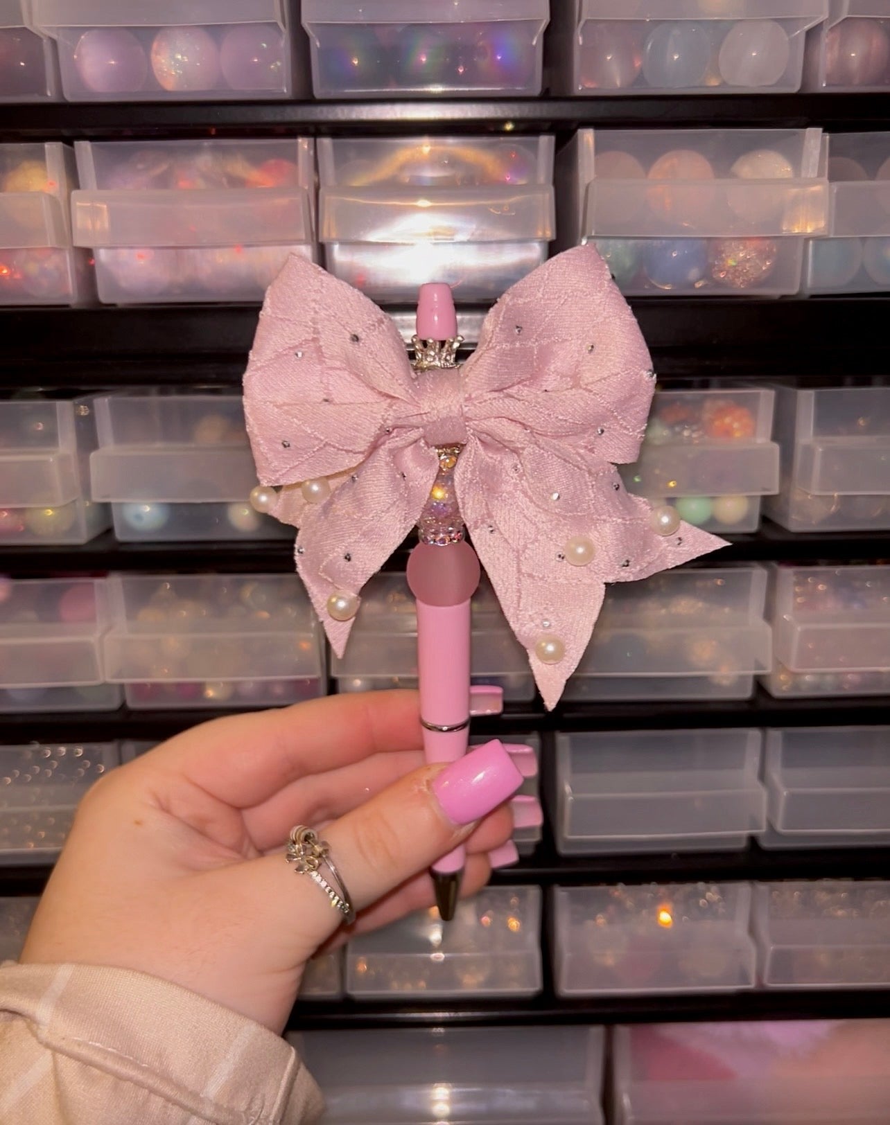 Fancy pink bow beaded pen | Coquette aesthetic pen | Pearl detail pen | Girly stationery gift