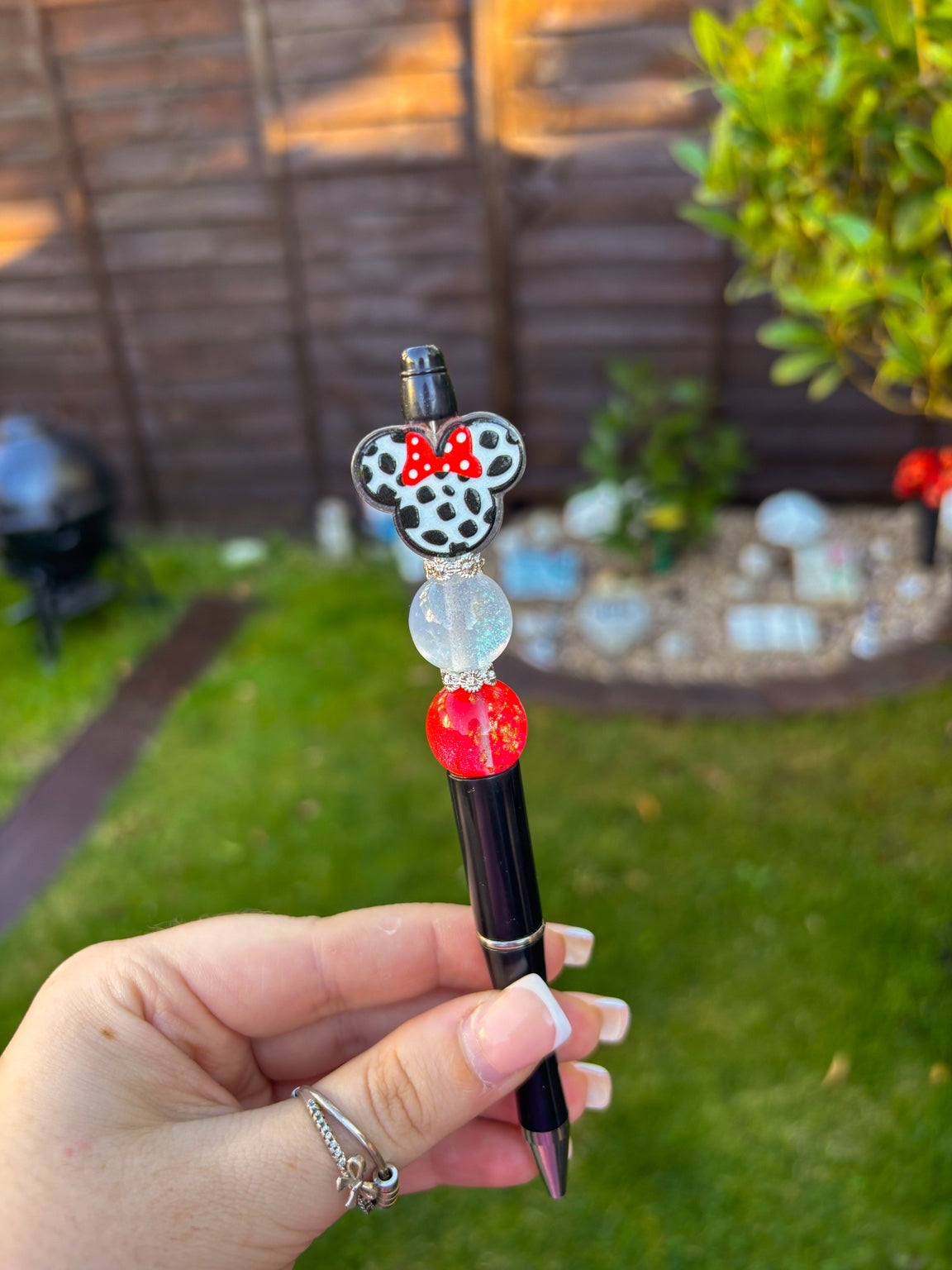Minnie Inspired Beaded Pen | Black Ink Ballpoint Pen with 2 Spare Refills