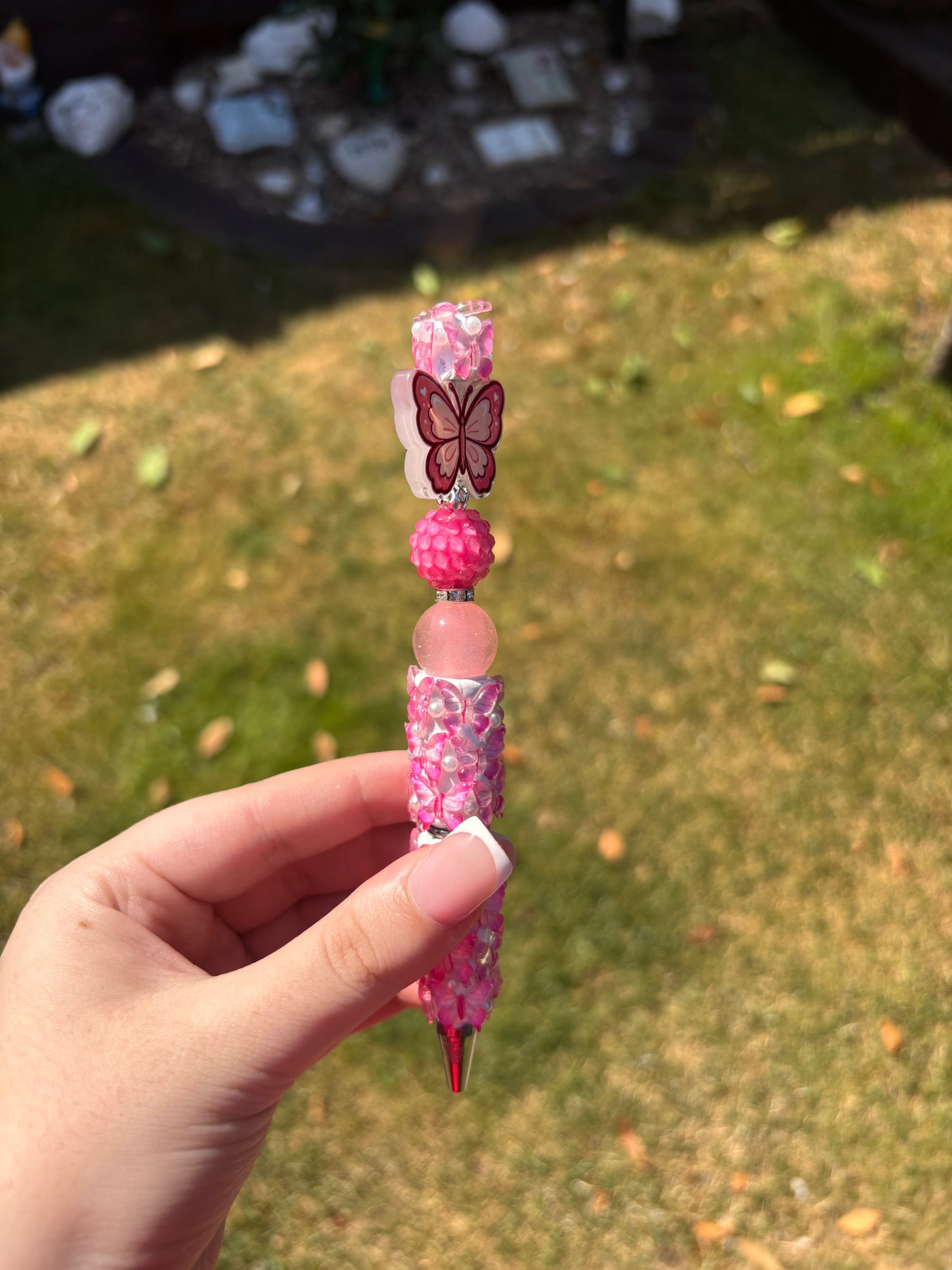 Pink butterfly handmade beaded pen