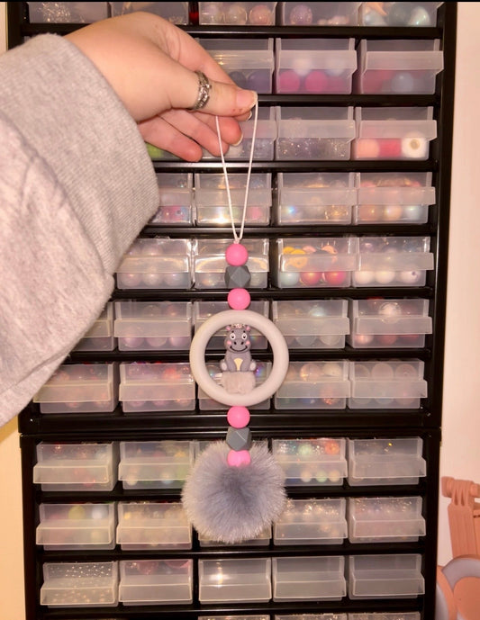 Hippo car charm | Cute animal hanging car accessory | Grey & pink car decor