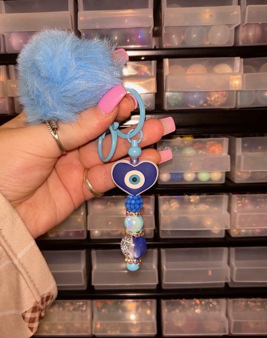 Blue evil eye pom pom keychain | Beaded bag charm