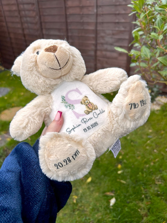 Personalised Baby Teddy Bear | Birth Keepsake Gift | Custom Name, Date & Details