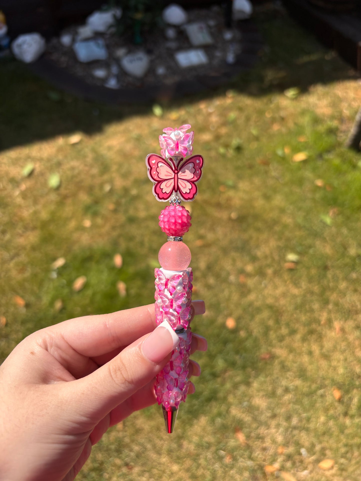 Pink butterfly handmade beaded pen