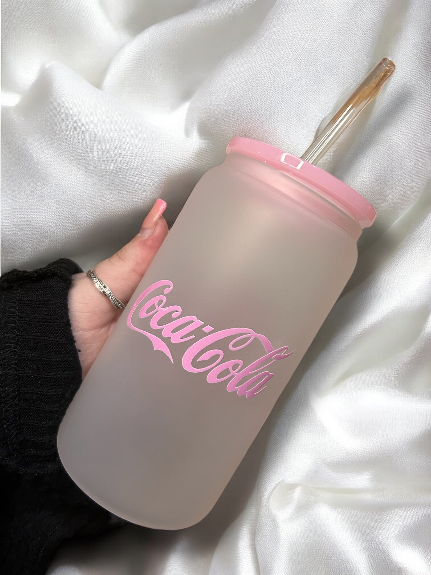 Personalised Coca Cola Style Glass Can | 16oz Frosted Libbey Cup with Pink Lid & Straw