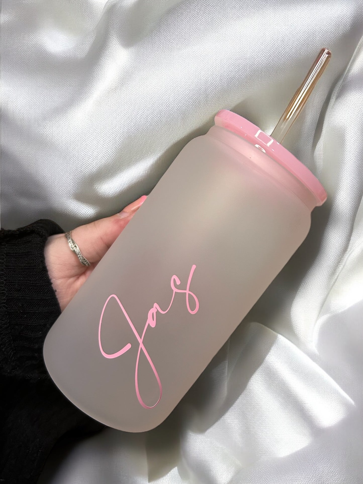 Personalised Coca Cola Style Glass Can | 16oz Frosted Libbey Cup with Pink Lid & Straw
