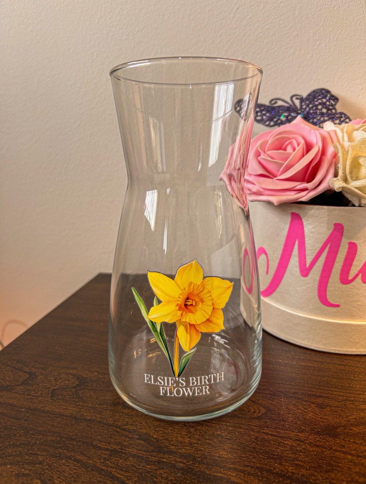 Personalised Birth Flower Vase | Custom Name Glass Vase | Birth Month Flower Gift