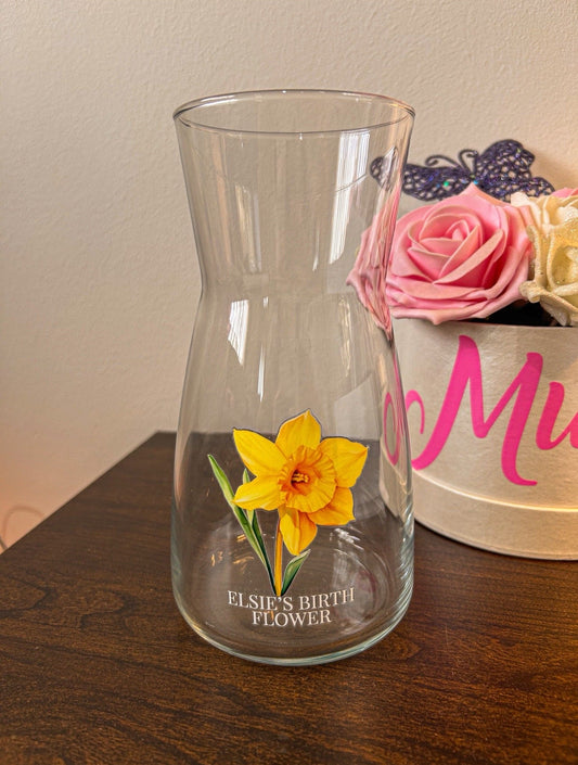 Personalised Birth Flower Vase | Custom Name Glass Vase | Birth Month Flower Gift