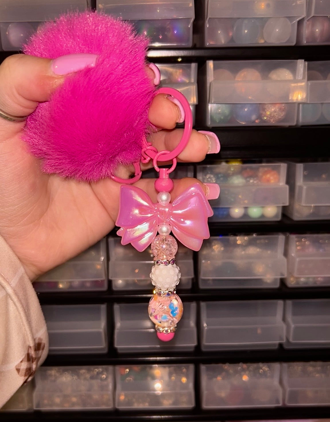 Pink bow pom pom keychain | Cute girly bag charm | Beaded keyring gift