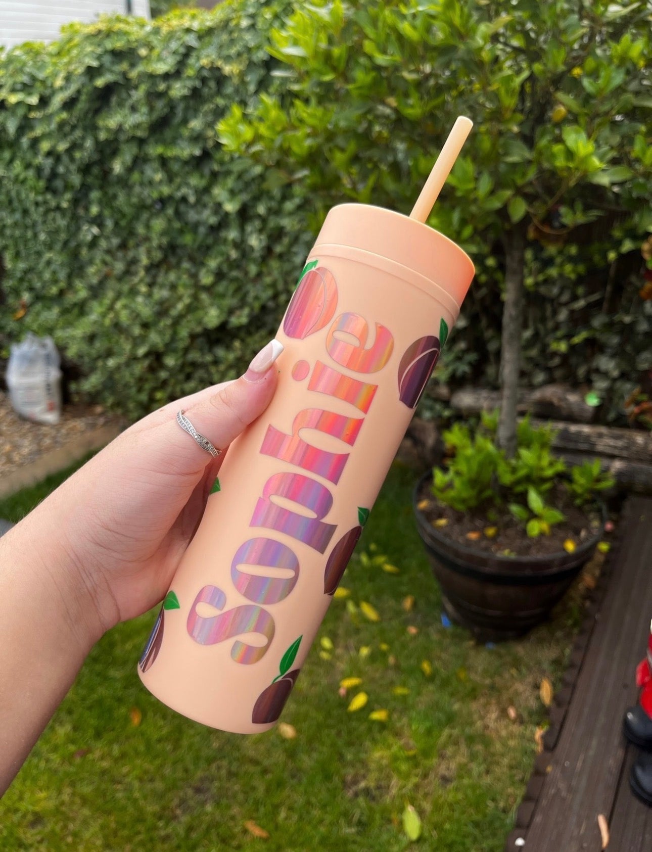 Personalised Peach Cold Cup with Straw | Custom Name Skinny Tumbler for Cold Drinks