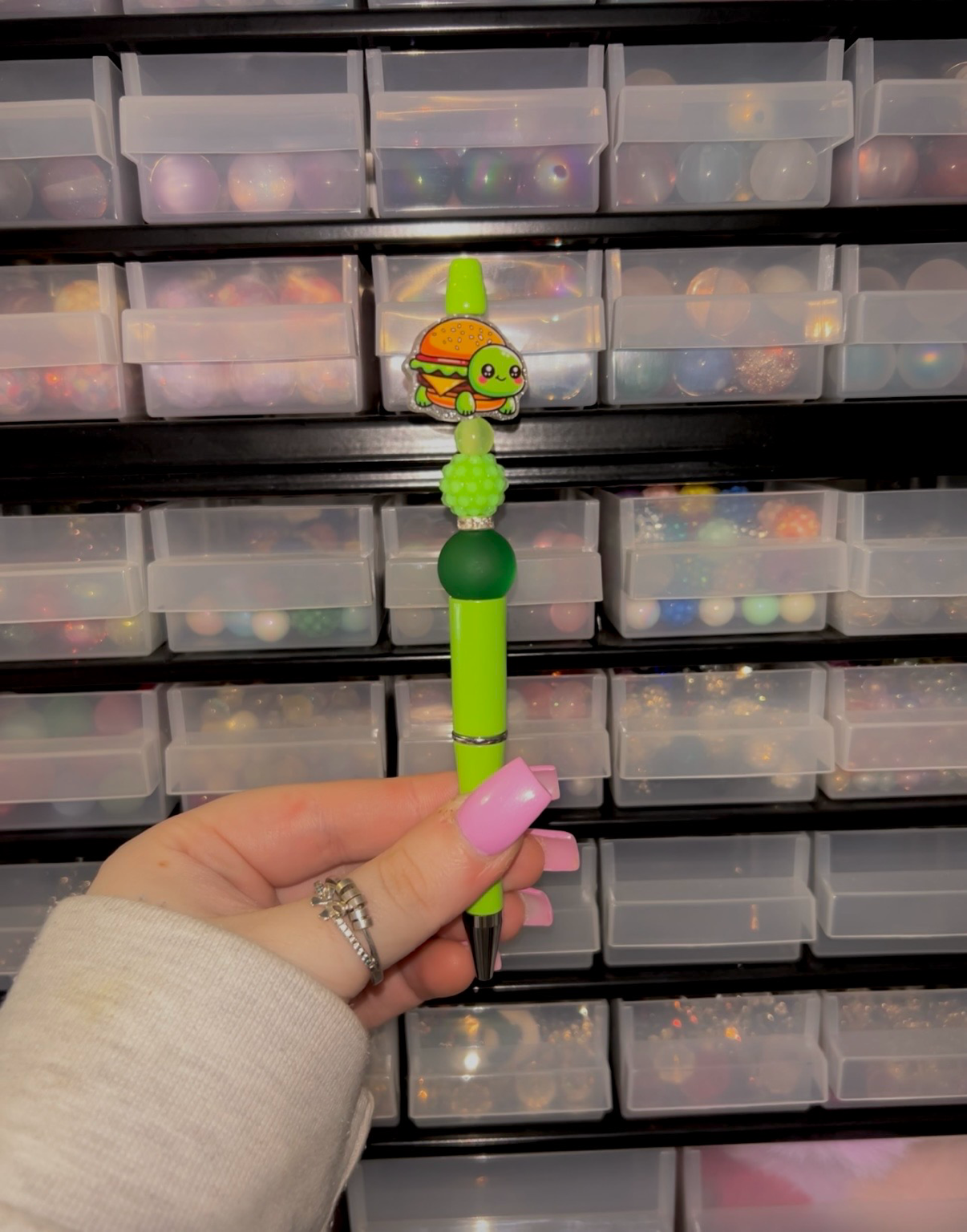 Green turtle beaded pen | Animal pen | Fun stationery gift
