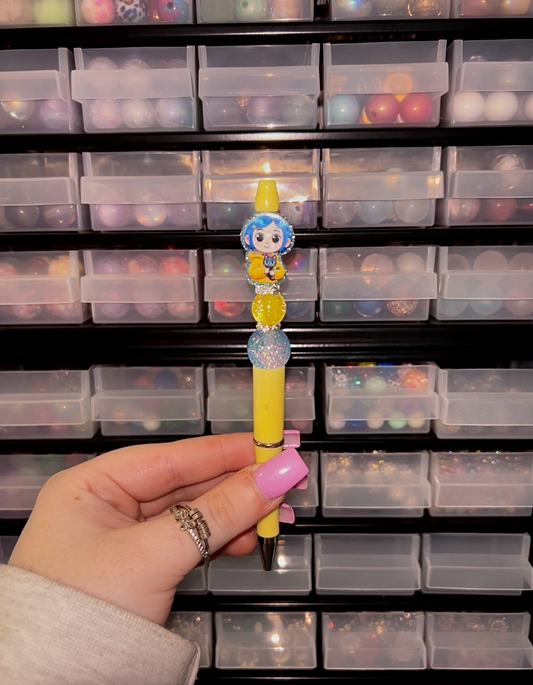 Coraline Inspired Beaded Pen | Blue Hair Character Pen | Cute Stationery