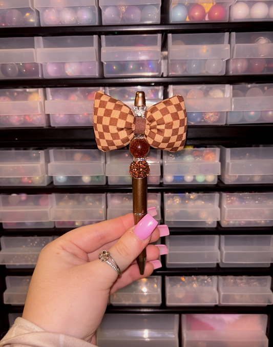 Fancy brown checkered bow beaded pen | Neutral aesthetic pen | Cute stationery gift