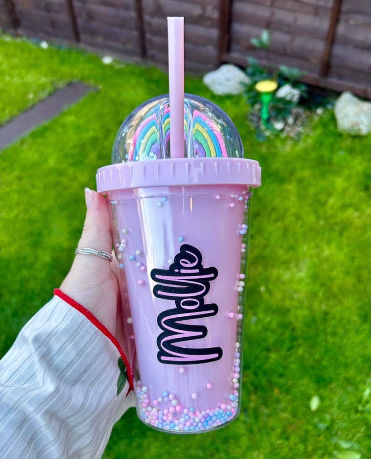 Personalised Confetti Cold Cup | Kids Custom Name Tumbler | Rainbow Dome Lid Reusable Cup