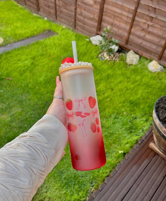 Personalised Strawberry Glass Tumbler with Bamboo Lid | Aesthetic Iced Coffee Cup | Custom Name Frosted Can Cup