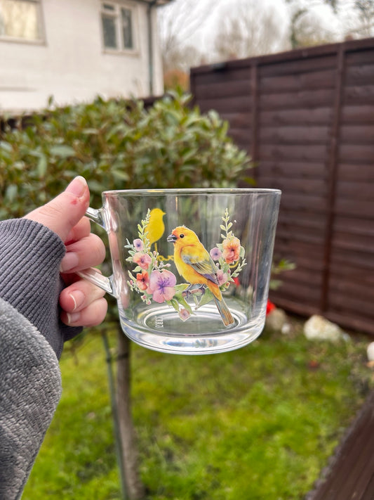 Personalised Bird Glass Mug | Custom Name Floral Bird Cup | Spring Mug Gift | Cute Nature Glass Mug
