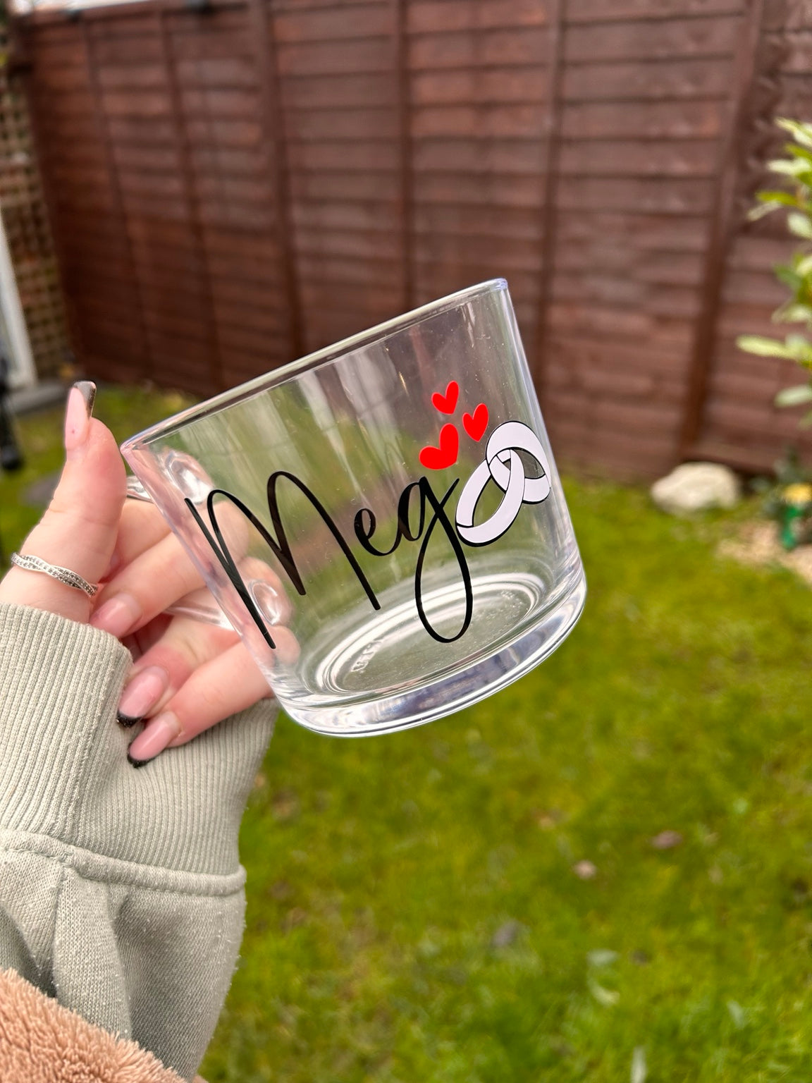 Personalised Name Glass Mug | Custom Couple Mug with Rings | Wedding Engagement Gift | Anniversary Present