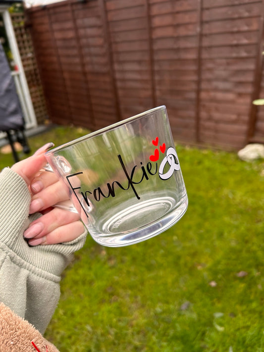Personalised Name Glass Mug | Custom Couple Mug with Rings | Wedding Engagement Gift | Anniversary Present