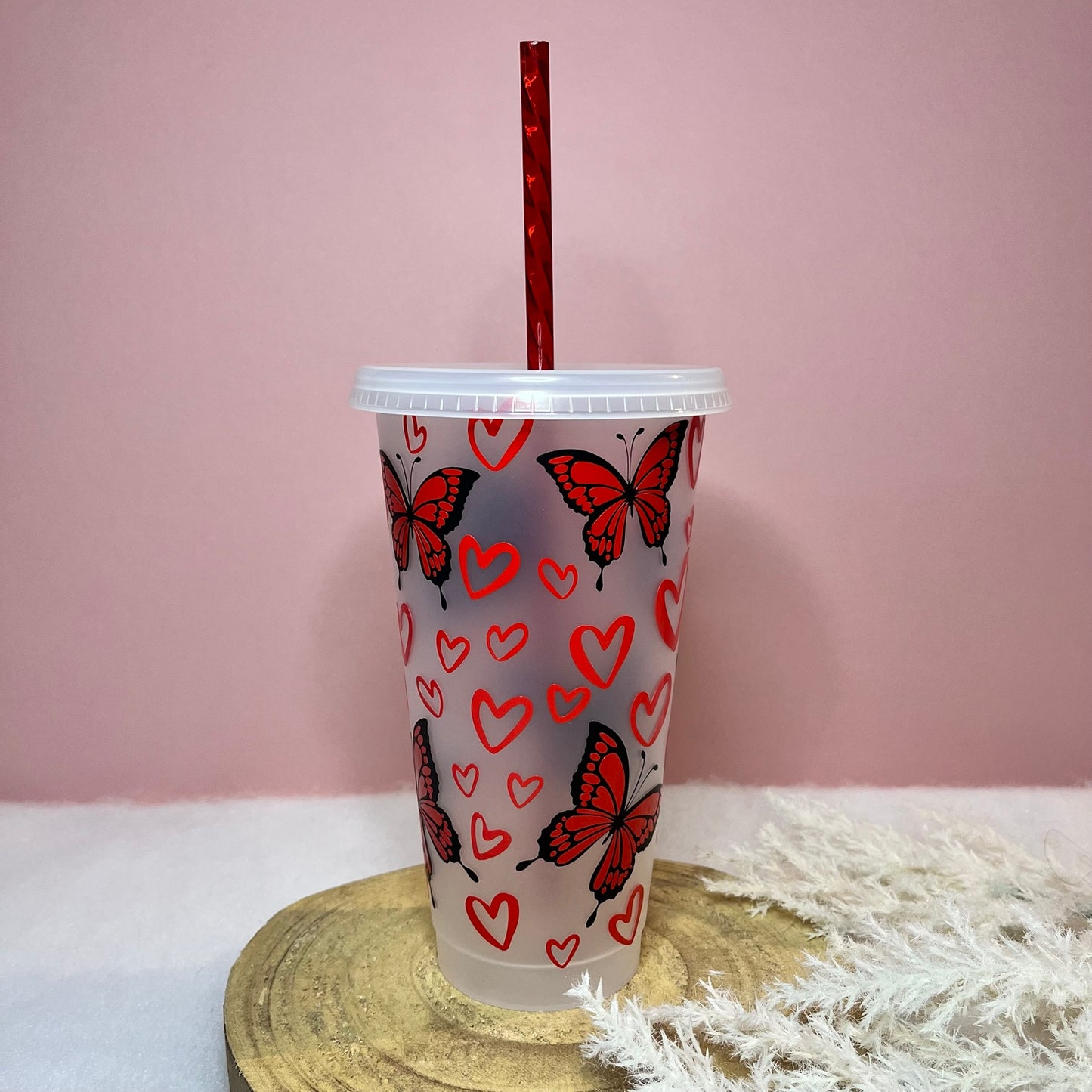 Personalised Butterfly & Hearts 24oz Cold Cup with Straw