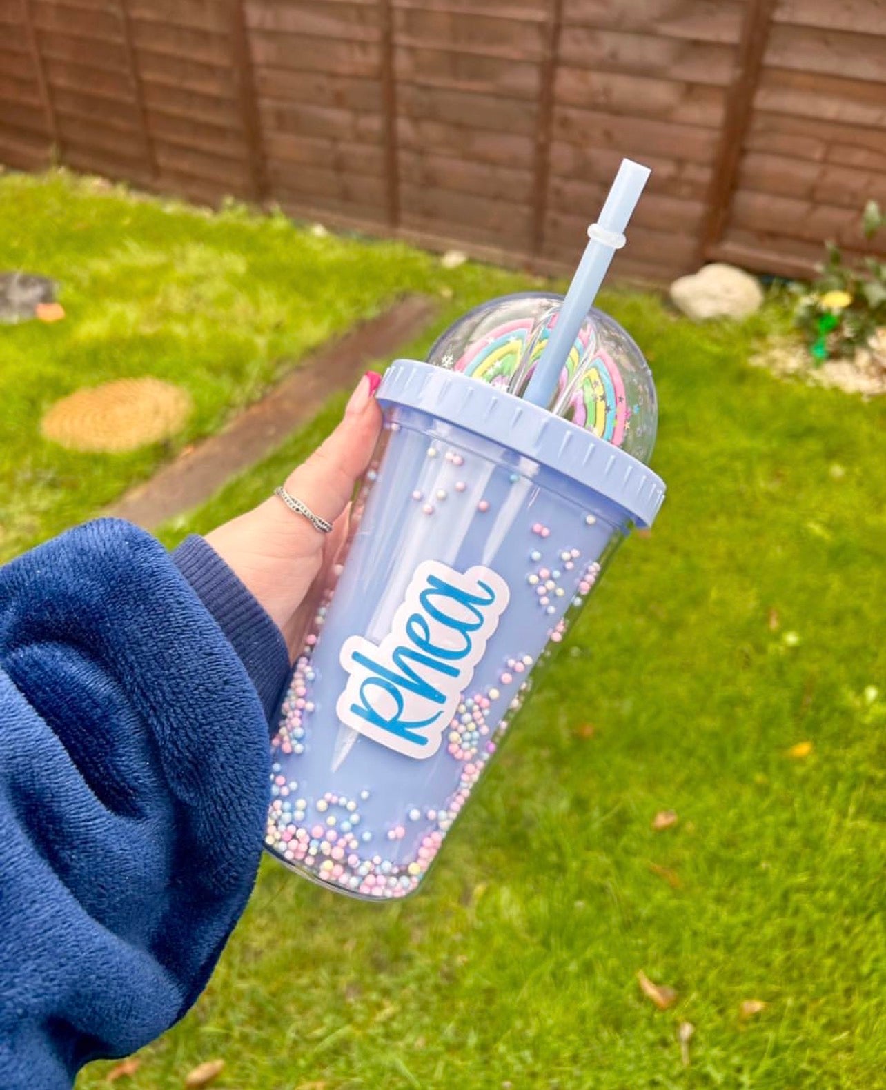 Personalised Confetti Cold Cup | Kids Custom Name Tumbler | Rainbow Dome Lid Reusable Cup