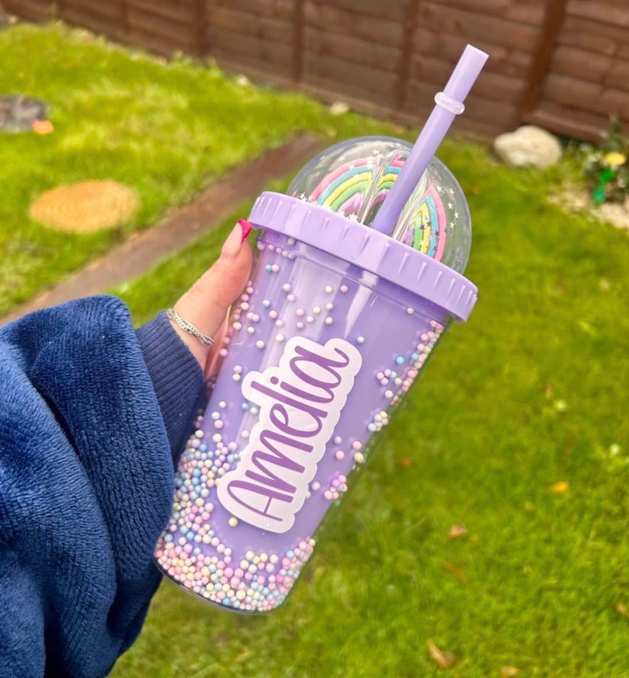 Personalised Confetti Cold Cup | Kids Custom Name Tumbler | Rainbow Dome Lid Reusable Cup