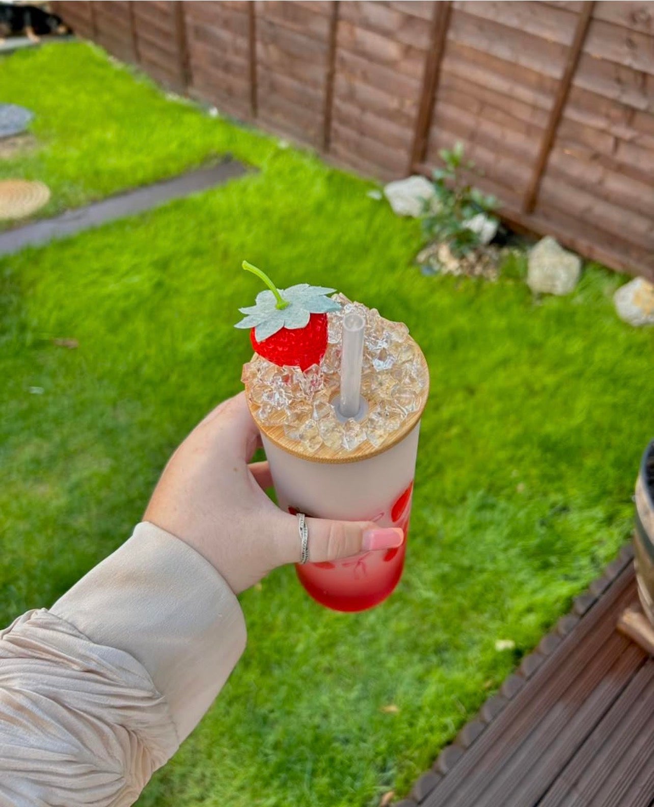 Personalised Strawberry Glass Tumbler with Bamboo Lid | Aesthetic Iced Coffee Cup | Custom Name Frosted Can Cup
