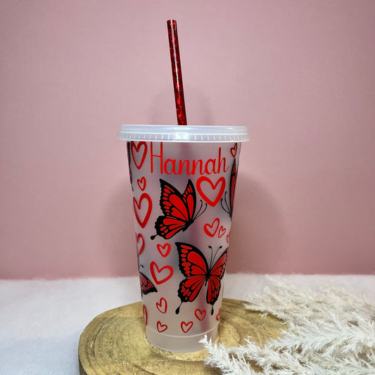 Personalised Butterfly & Hearts 24oz Cold Cup with Straw