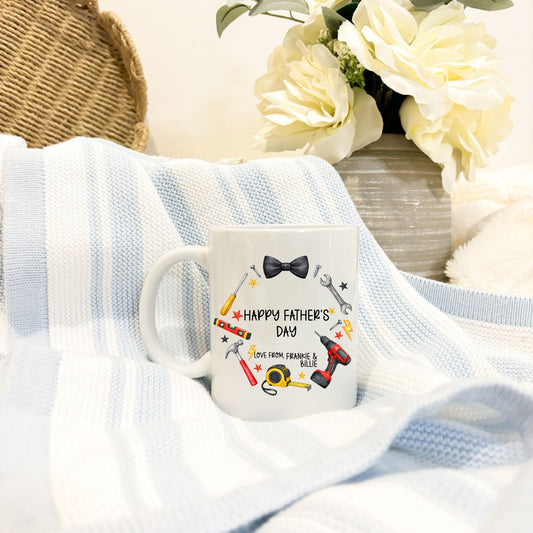 Personalised Father’s Day Mug | DIY Dad Mug | Custom Kids Names Mug | Handyman Coffee Mug | Gift for Dad | Tool Themed Mug